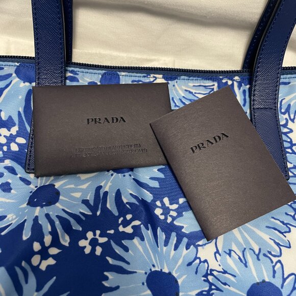Prada Donna Shopper Tote Bag Blue Floral Nylon and Leather New - Picture 9 of 9